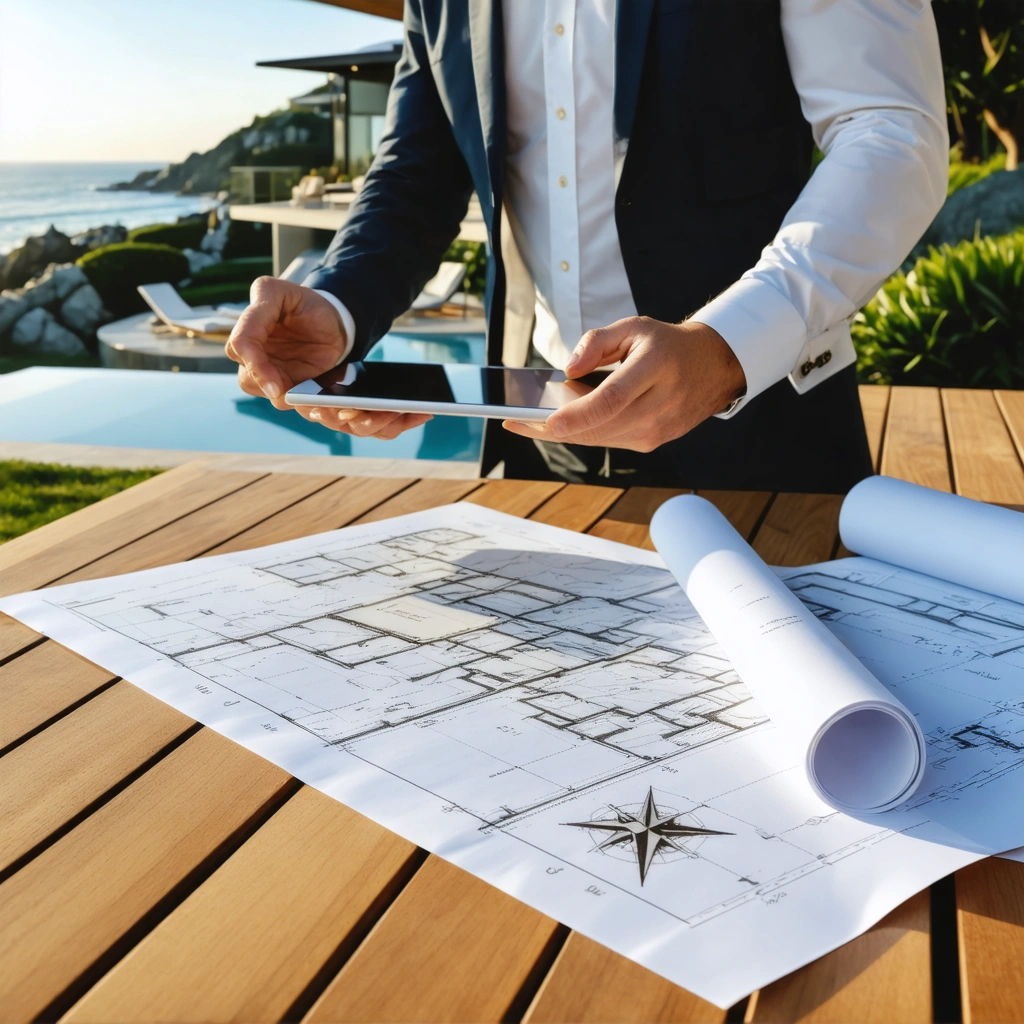 engineer at drafting table with blueprints