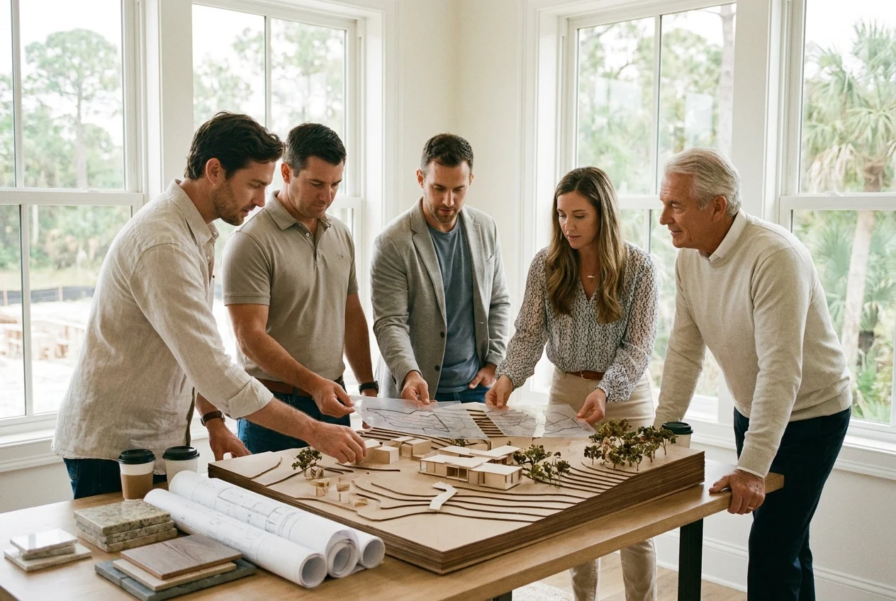 Project team and homeowner coordinate plans around a coastal site model