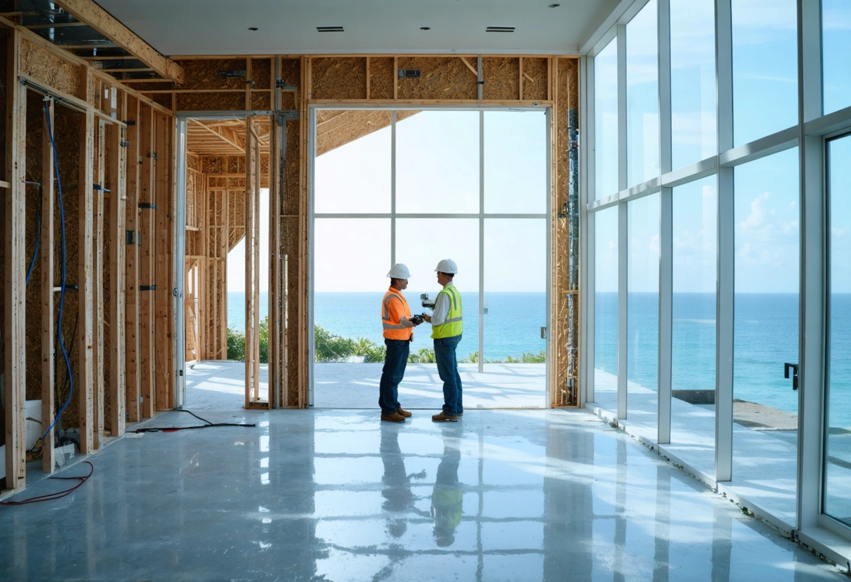 Architect and superintendent review utility routing within an elevated structural shell