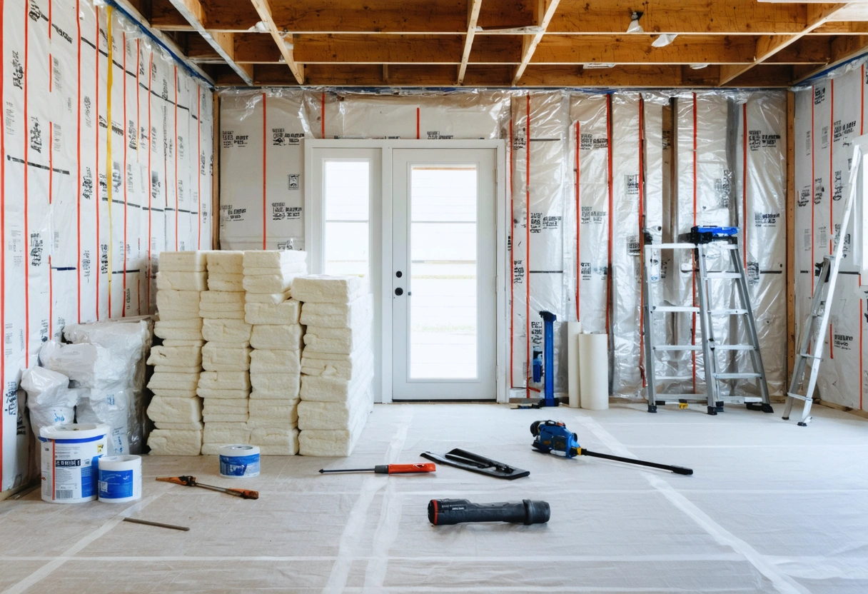 Top-down planning workspace with moisture-control materials and construction documents