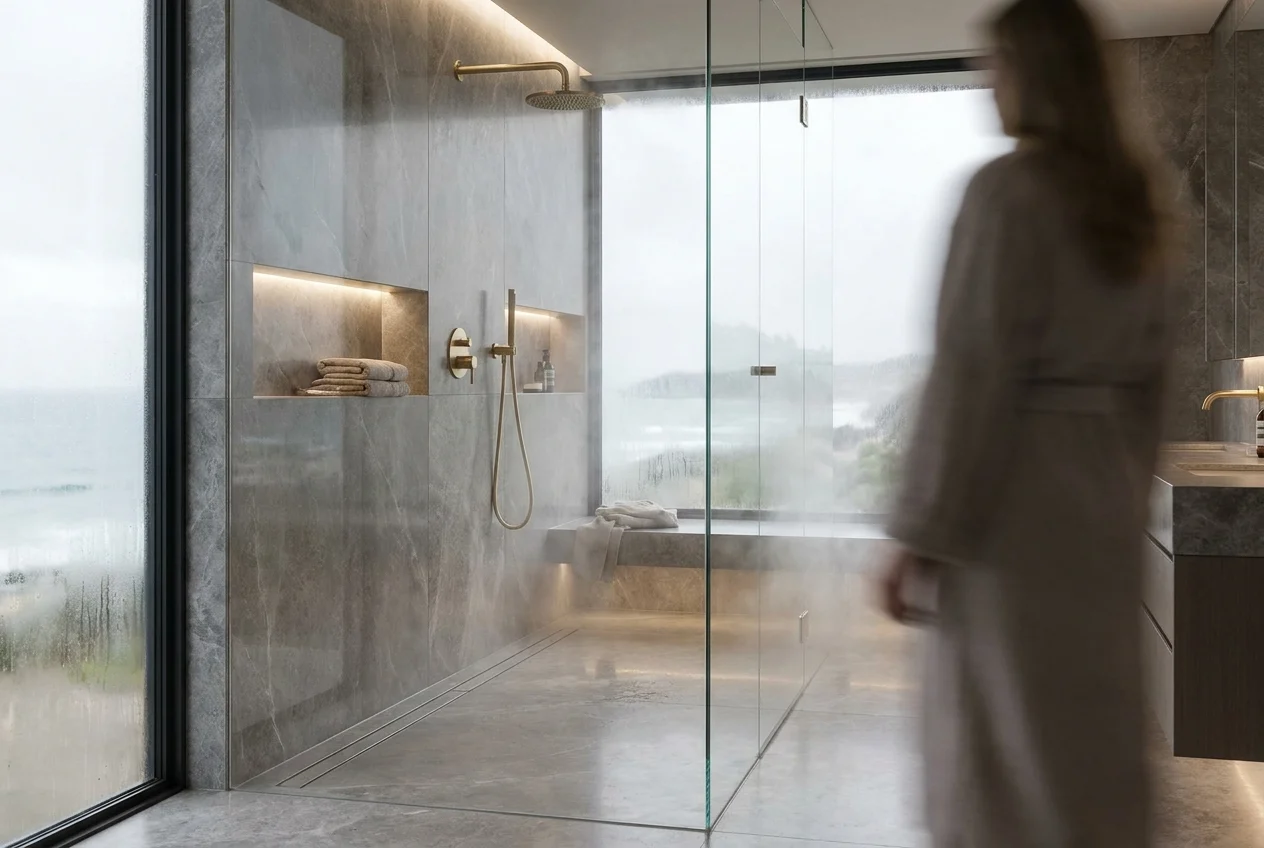 Bathroom renovation showing waterproofing, tile installation, and spa finish details