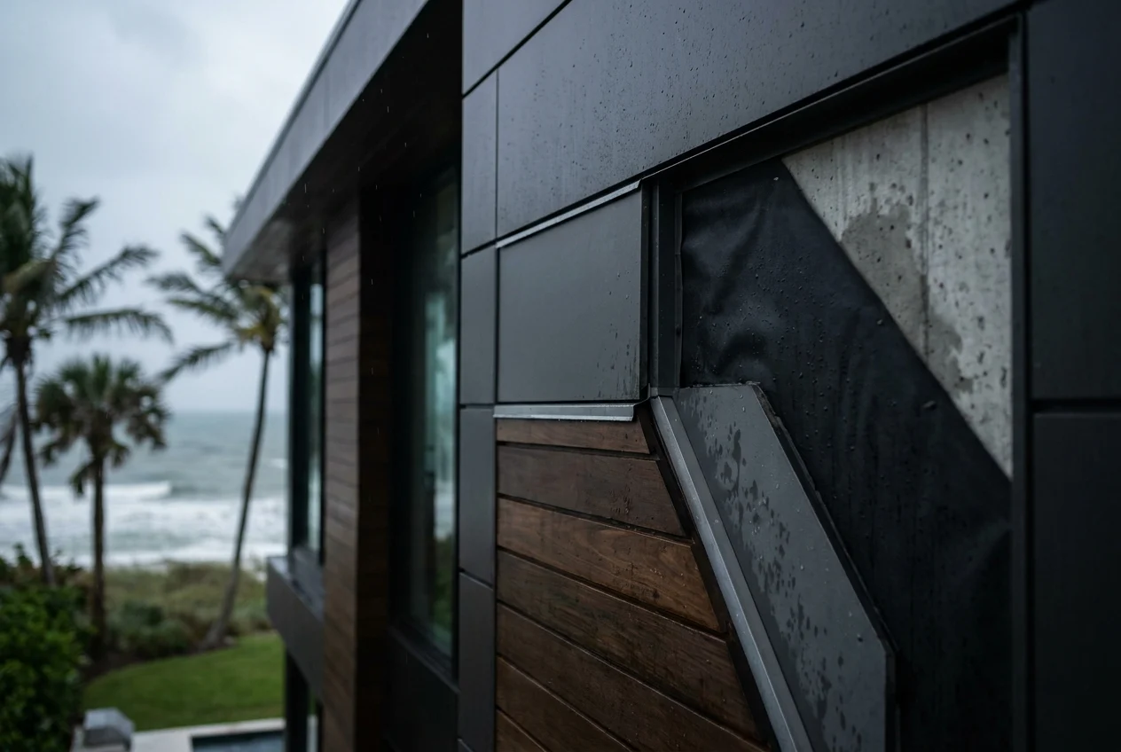Cutaway wall assembly showing cladding, flashing, drainage, and moisture layers