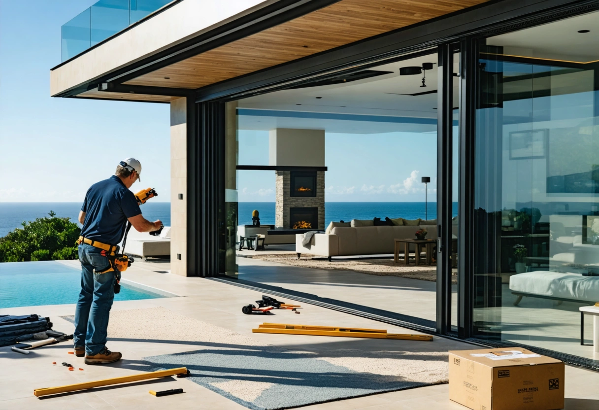 Open sliding and folding glass doors connecting coastal home to terrace