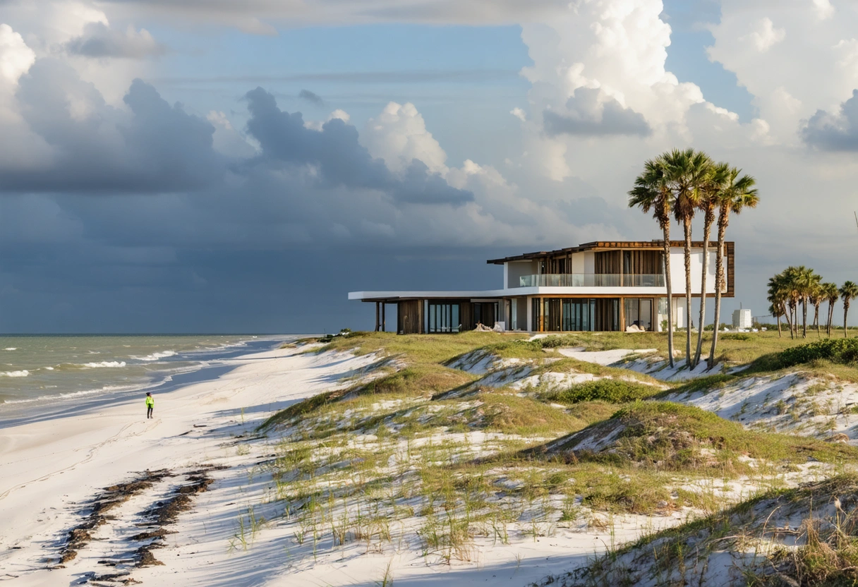 Architect and builder assess an elevated coastal home site by dunes