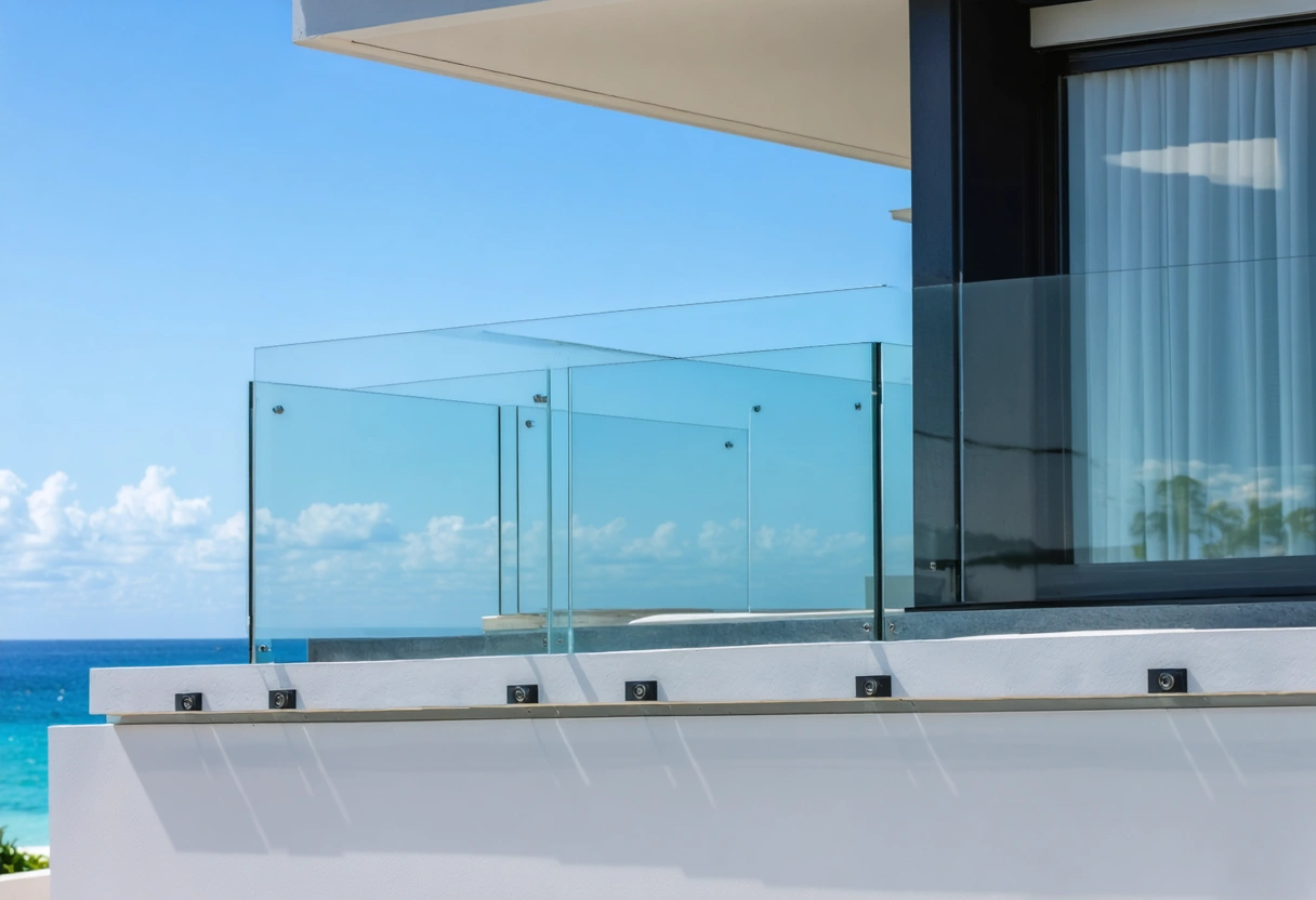 Modern island residence balcony details with corrosion-resistant railings and fixtures