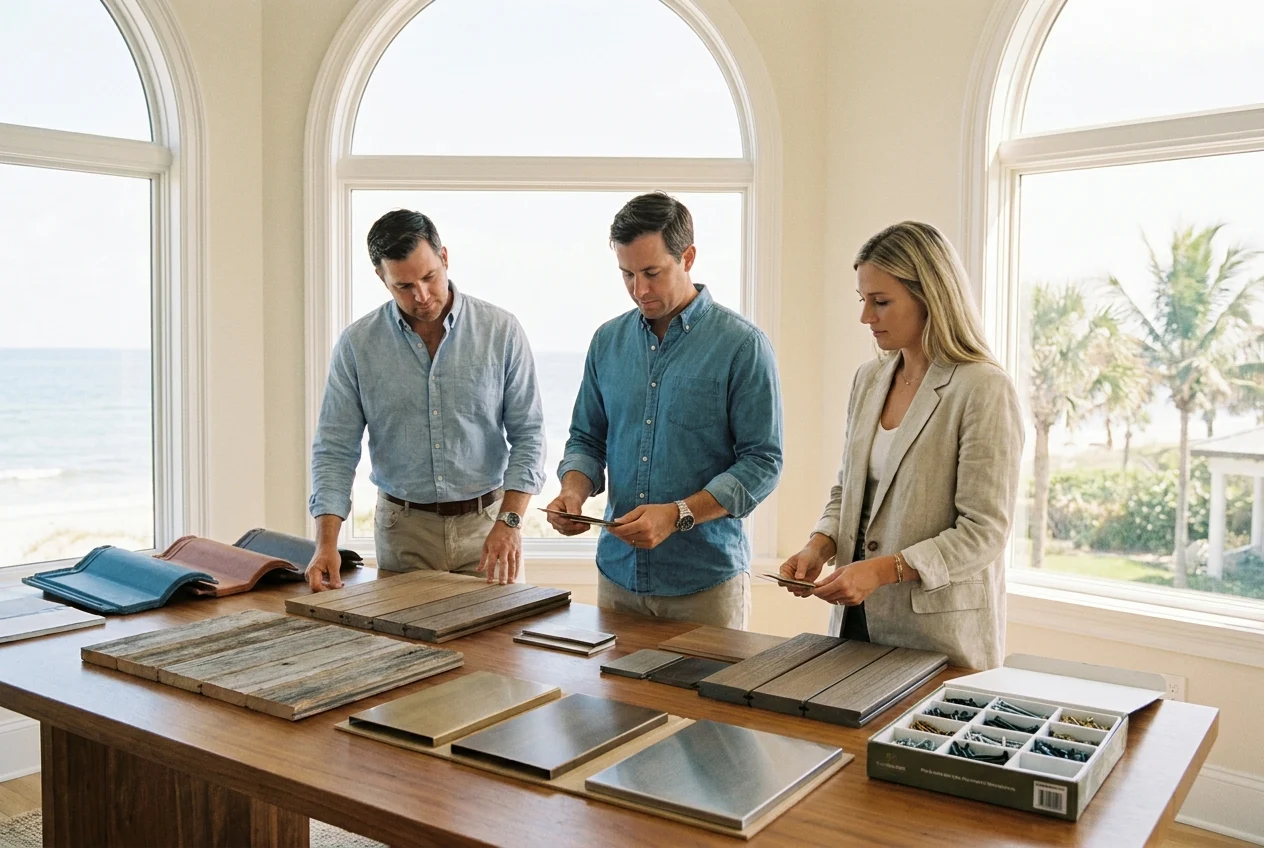 Upscale coastal materials planning scene in a refined design studio overlooking Florida island light, architects and