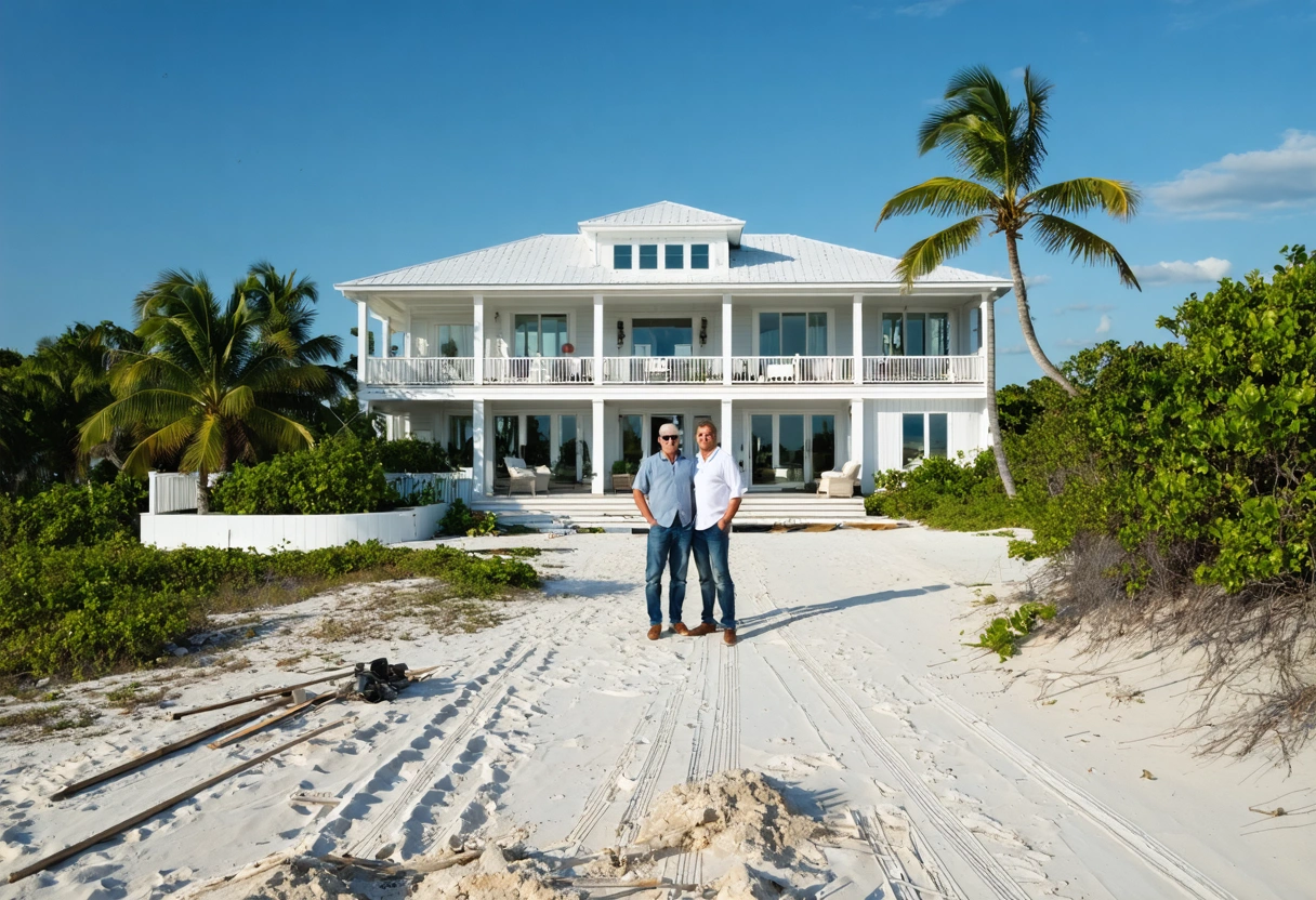 wide-editorial-hero-scene-of-a-I9FKtb Wide editorial hero scene of a luxury Boca Grande coastal remodel in progress, affluent homeowners and a project lead