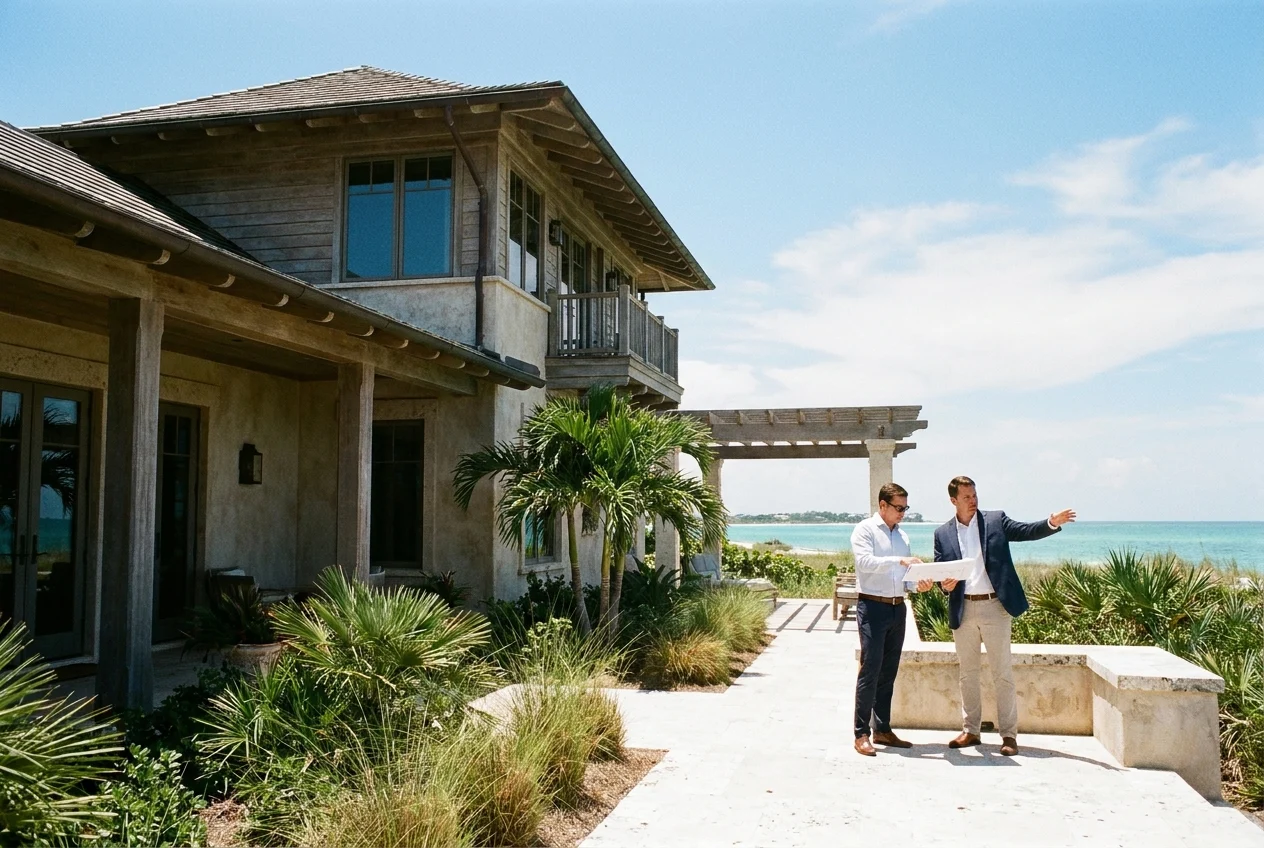Wide hero editorial scene of a luxury Boca Grande coastal home under intense Florida sun, showing a handsome exterior