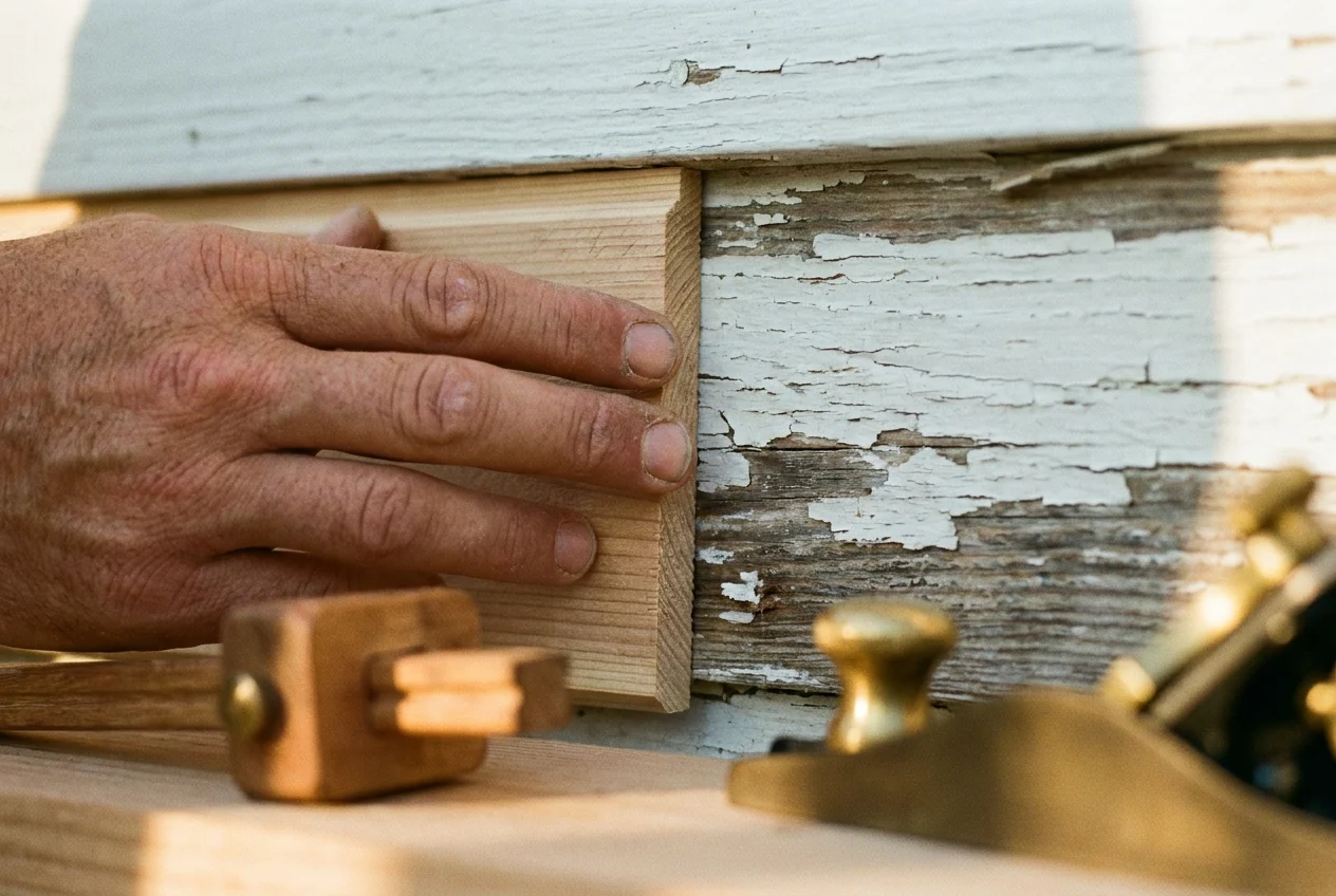 Carpenter aligns new wood clapboard with weathered historic cottage siding