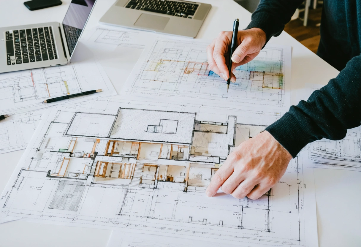Architect, interior designer, and contractor reviewing plans around a table