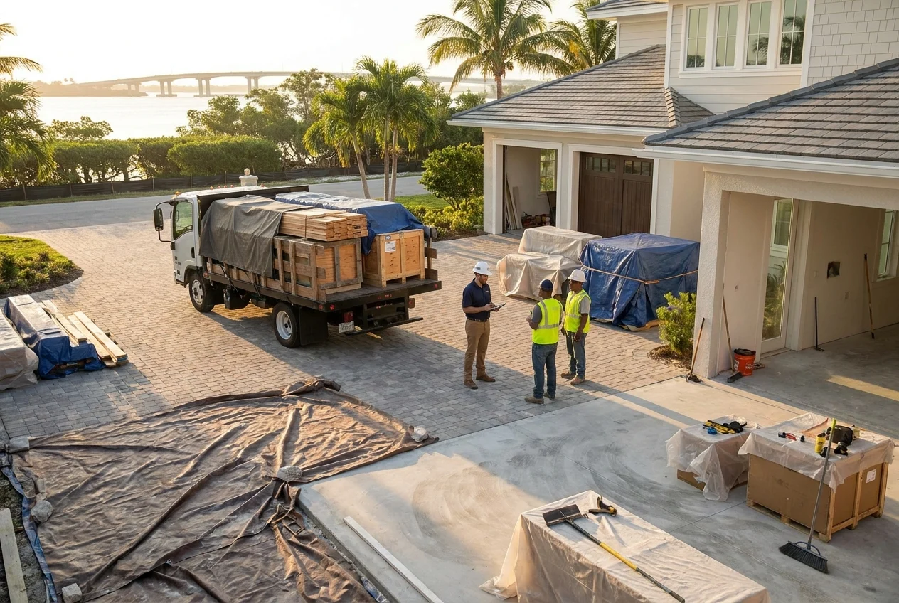 Contractor examining a detailed remodeling schedule at a vacant house