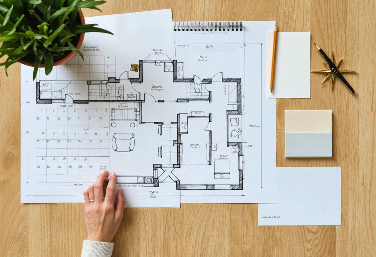 Homeowners reviewing seasonal home renovation plans with an architect