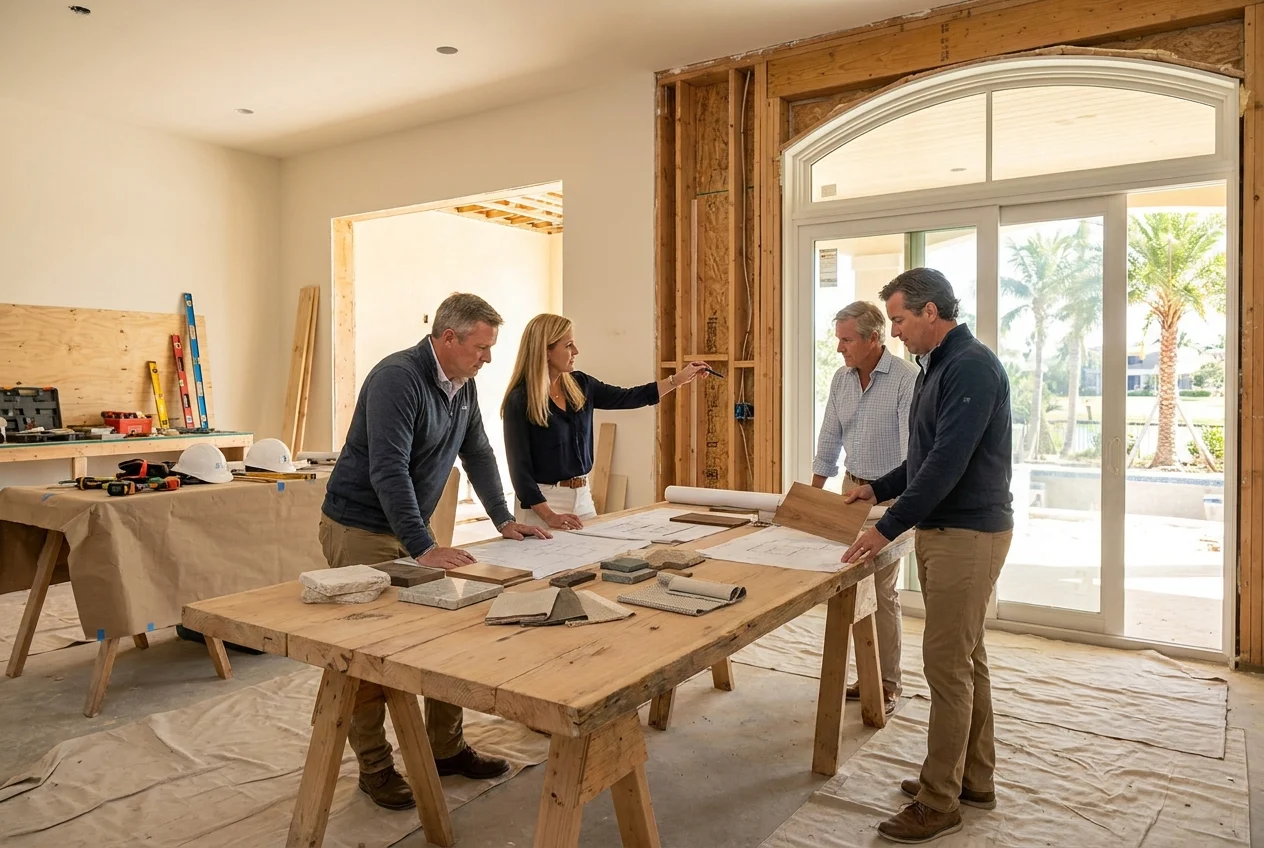 Cinematic wide editorial hero scene inside a refined coastal custom home under construction on Boca Grande, Florida