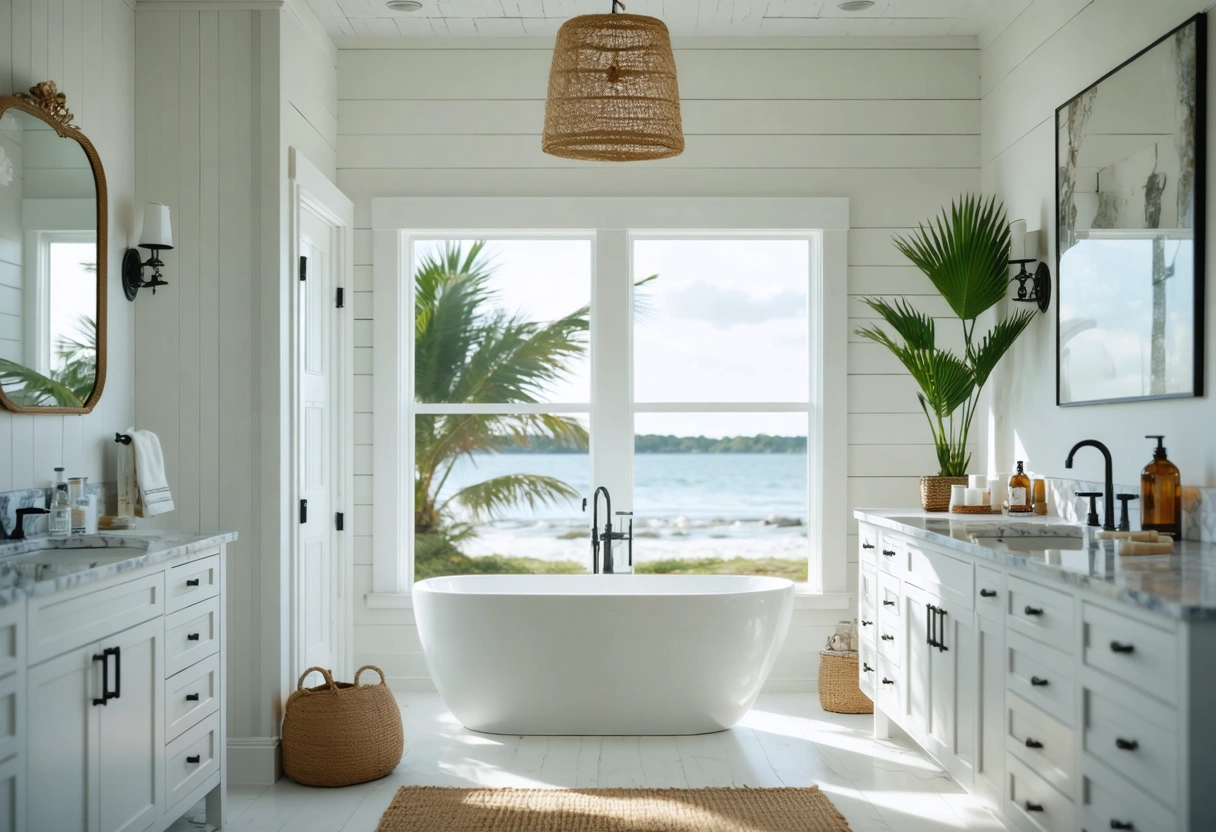 Elegant coastal bathroom with durable finishes and breezy island views