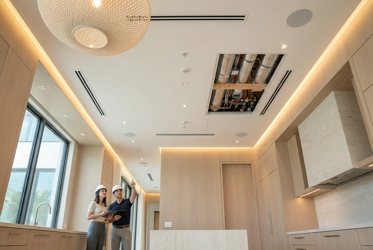 Contractor and interior designer comparing installed finishes with material samples