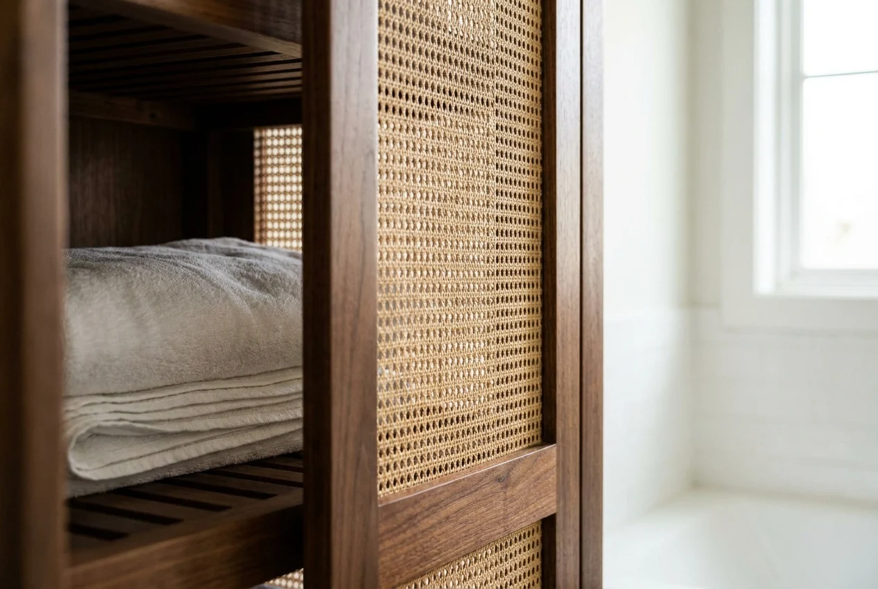 Sealed cabinetry and glass shower enclosure designed for salt air