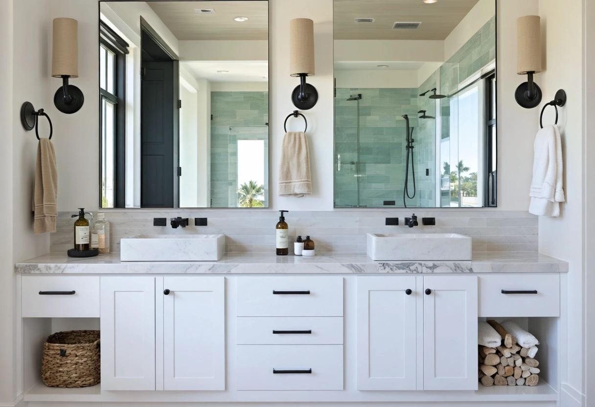 Porcelain floor tiles installed in a bright island bathroom