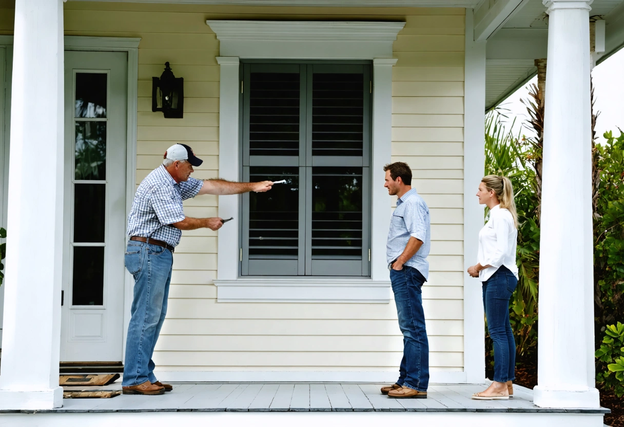Team reviews discreet storm protection at an original porch window