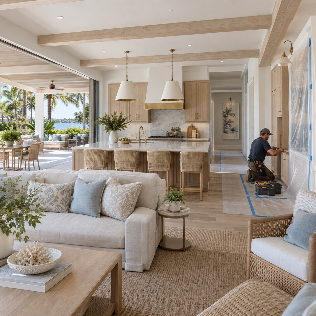 gasparilla-island-luxury-home-remodel-423Mcv Craftsman adjusts coastal kitchen cabinetry beside a sunlit tropical lanai