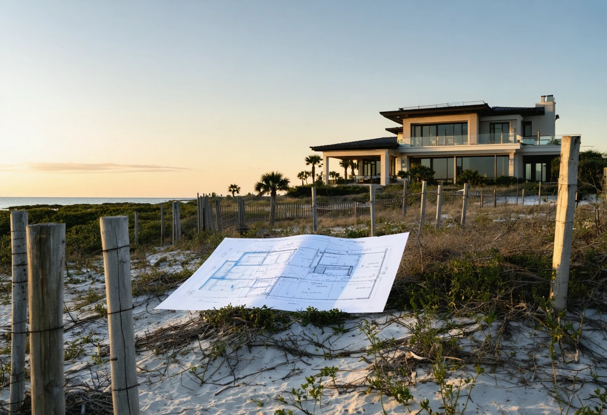 Coastal residence team reviews site plans among palms and survey stakes