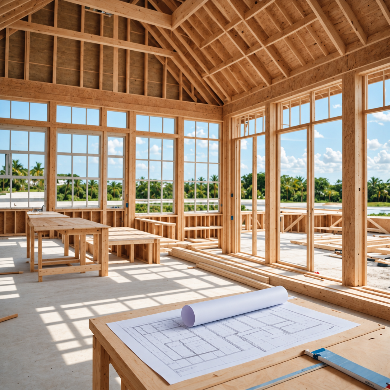 remove-people-j7vk9L Construction team reviews a refined coastal home with craftspeople working nearby